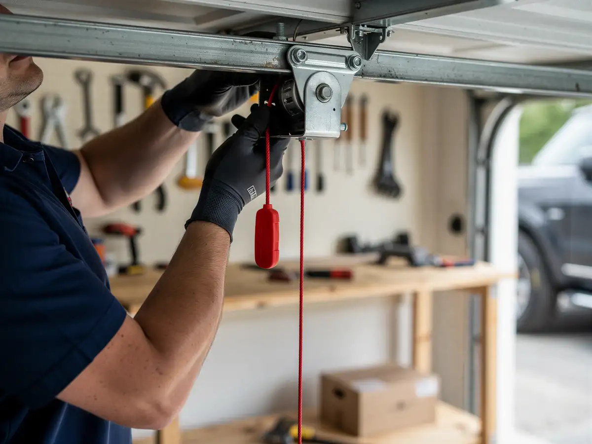 A technician in gloves adjusts the red emergency release cord on a garage door opener.